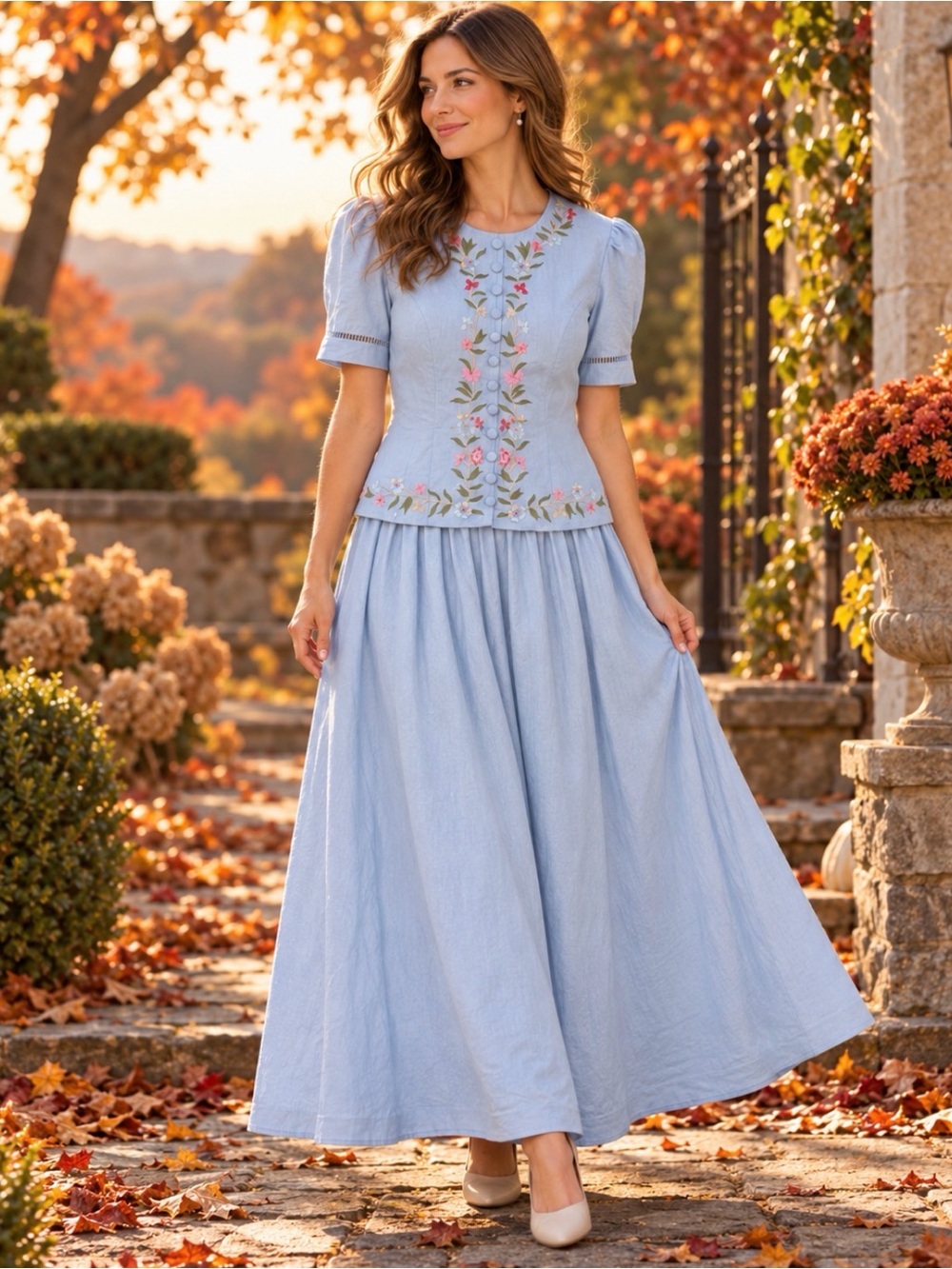 Vintage Karin Stevens Size 10 Blue Floral Embroidered Two Piece Skirt Set